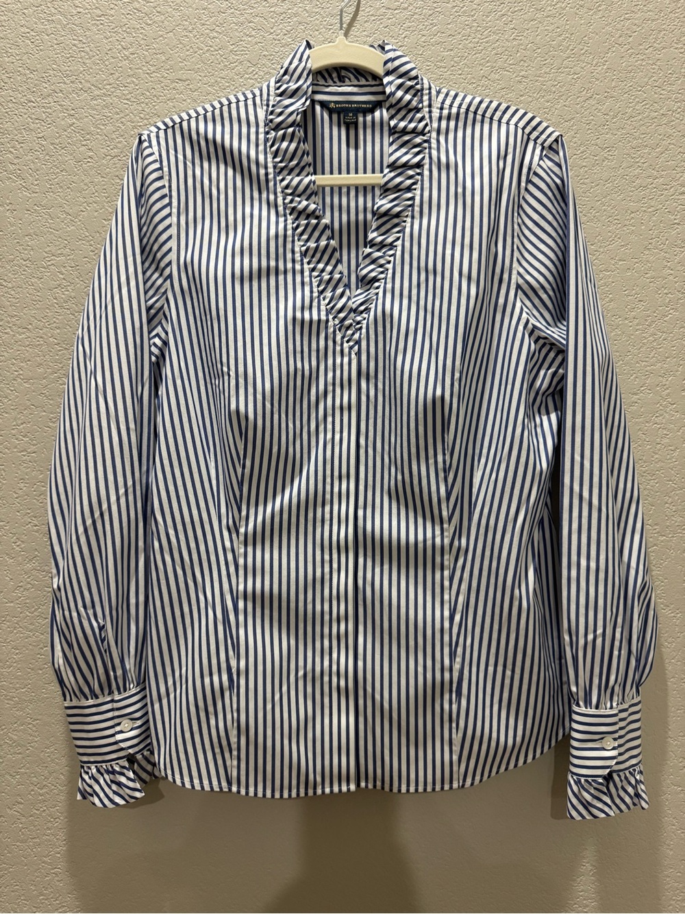 Brooks Brothers Navy and White Vertical Stripe Ruffle V-Neck Blouse
